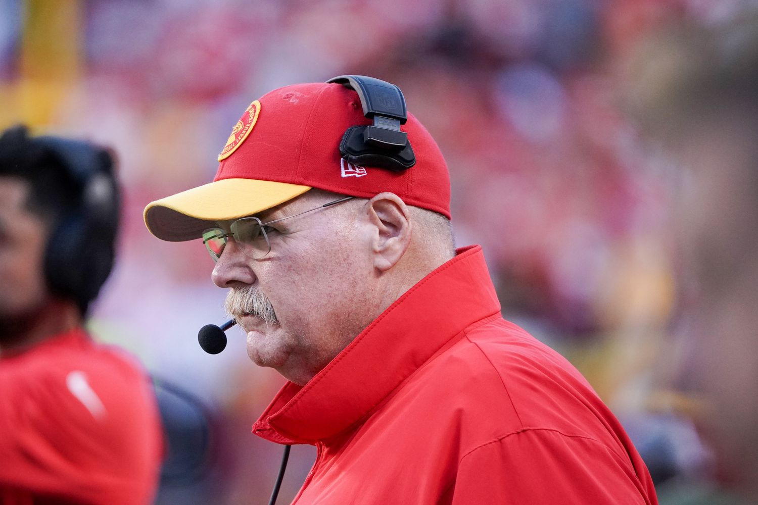 Oct 22, 2023; Kansas City, Missouri, USA; Kansas City Chiefs head coach Andy Reid watches play against the Los Angeles Chargers during the second half at GEHA Field at Arrowhead Stadium. Mandatory Credit: Denny Medley-USA TODAY Sports  